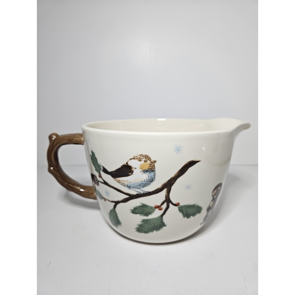 Christmas Bird Gnome Ceramic Batter Bowl Spout Faux Twig Handle Holiday Time 2Qt